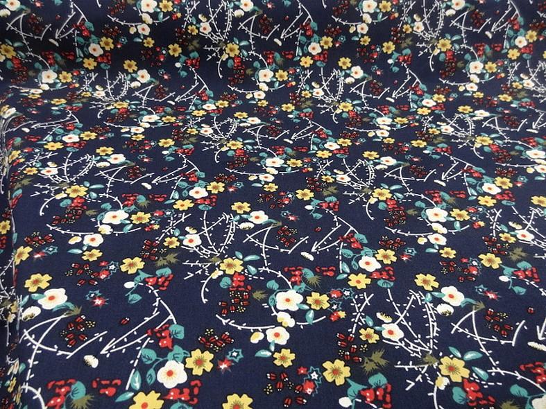 Popeline coton bleu marine fleurs et tiges rouge et jaune 1