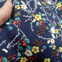 Popeline coton bleu marine fleurs et tiges rouge et jaune 2 