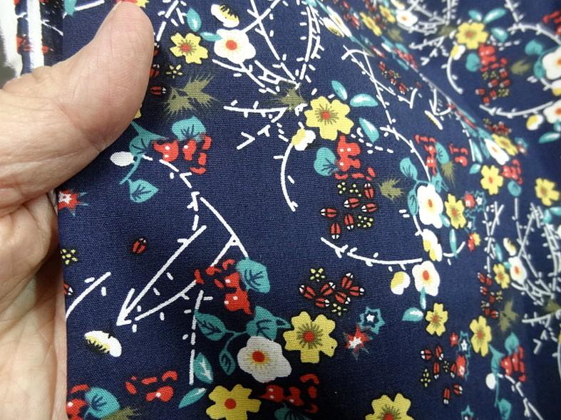 Popeline coton bleu marine fleurs et tiges rouge et jaune 2