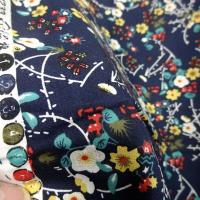 Popeline coton bleu marine fleurs et tiges rouge et jaune 3 