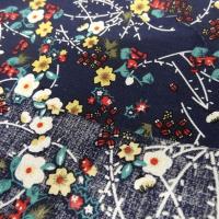 Popeline coton bleu marine fleurs et tiges rouge et jaune 6 