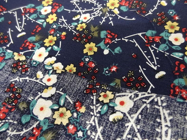 Popeline coton bleu marine fleurs et tiges rouge et jaune 6