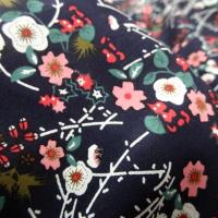 Popeline coton bleu nuit fleurs et tiges rose