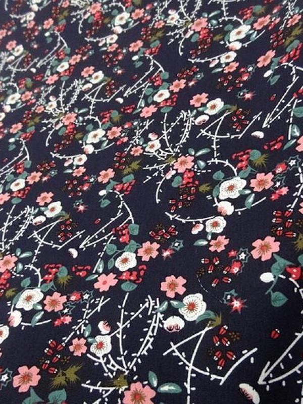 Popeline coton bleu nuit fleurs et tiges rose 2