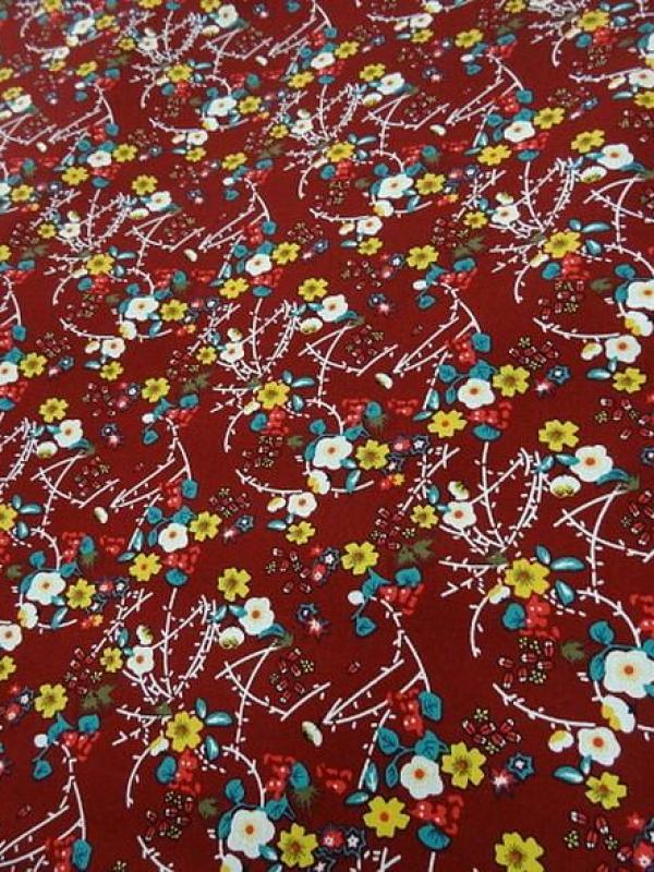 Popeline coton bordeaux fleurs et tiges rouge et jaune 1 