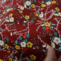 Popeline coton bordeaux fleurs et tiges rouge et jaune 2 