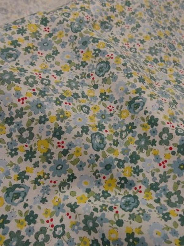 Popeline coton fleuri vert de gris et jaune 2 