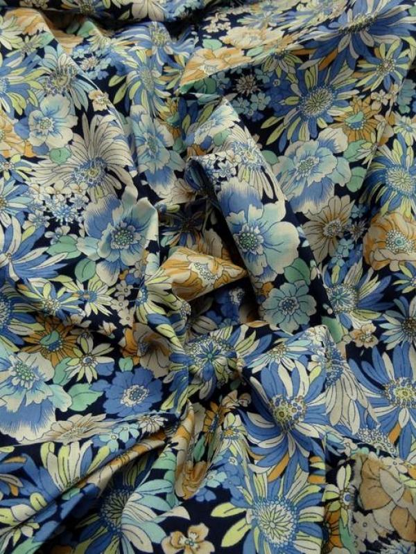 Popeline coton floral bleu marine ocre 1 
