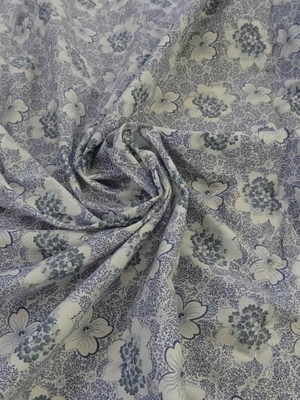 Popeline coton lycra blanc fleuri bleu denim 1 