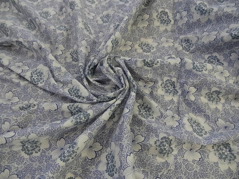 Popeline coton lycra blanc fleuri bleu denim 1
