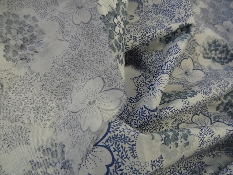 Popeline coton lycra blanc fleuri bleu denim 5