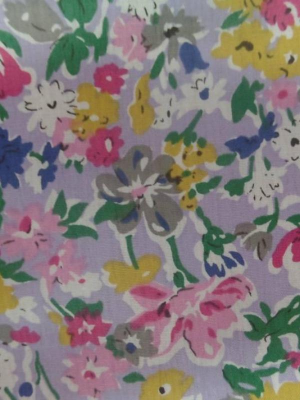 Popeline coton mauve imprime liberty fleurs rose gris vert et bleu