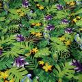 Popeline coton motifs feuilles et oiseaux exotiques vert violet 2 