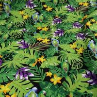 Popeline coton motifs feuilles et oiseaux exotiques vert violet 2 