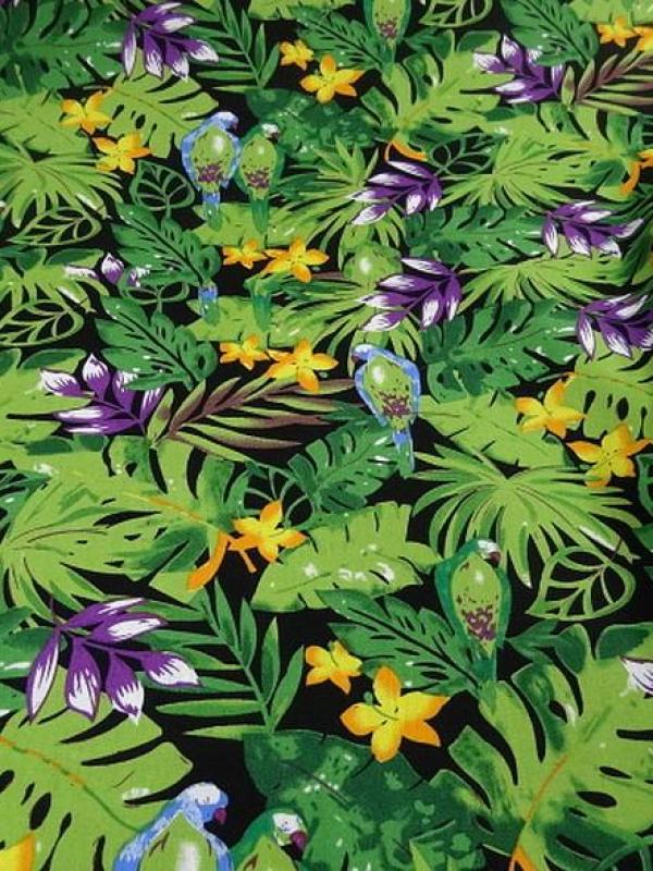 Popeline coton motifs feuilles et oiseaux exotiques vert violet 2 