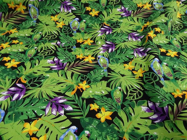 Popeline coton motifs feuilles et oiseaux exotiques vert violet 2