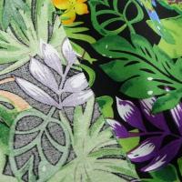 Popeline coton motifs feuilles et oiseaux exotiques vert violet 3 