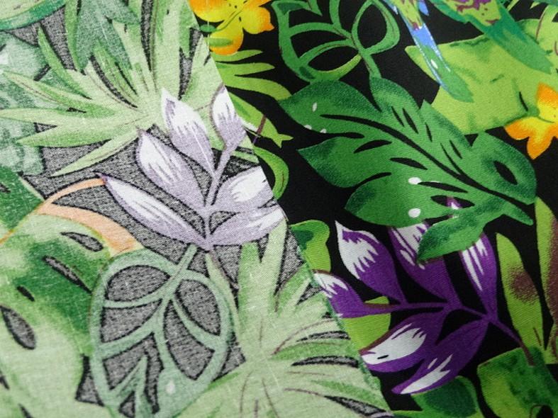 Popeline coton motifs feuilles et oiseaux exotiques vert violet 3