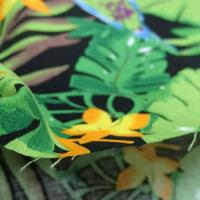 Popeline coton motifs feuilles et oiseaux exotiques vert violet 4 