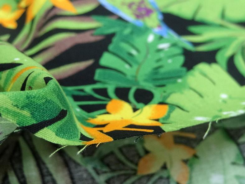 Popeline coton motifs feuilles et oiseaux exotiques vert violet 4