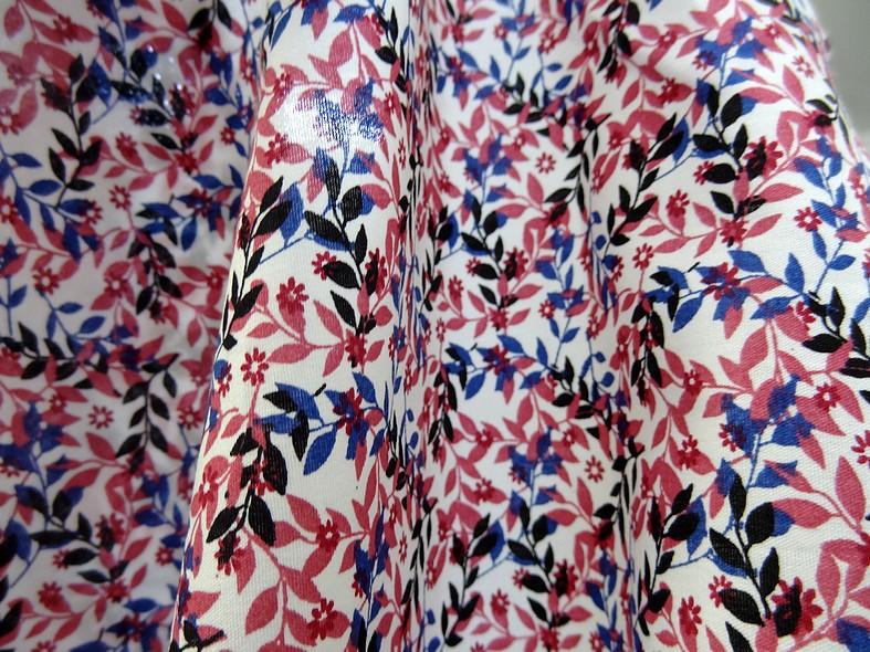 Popeline coton petit feuillage rose et bleu indigo 1