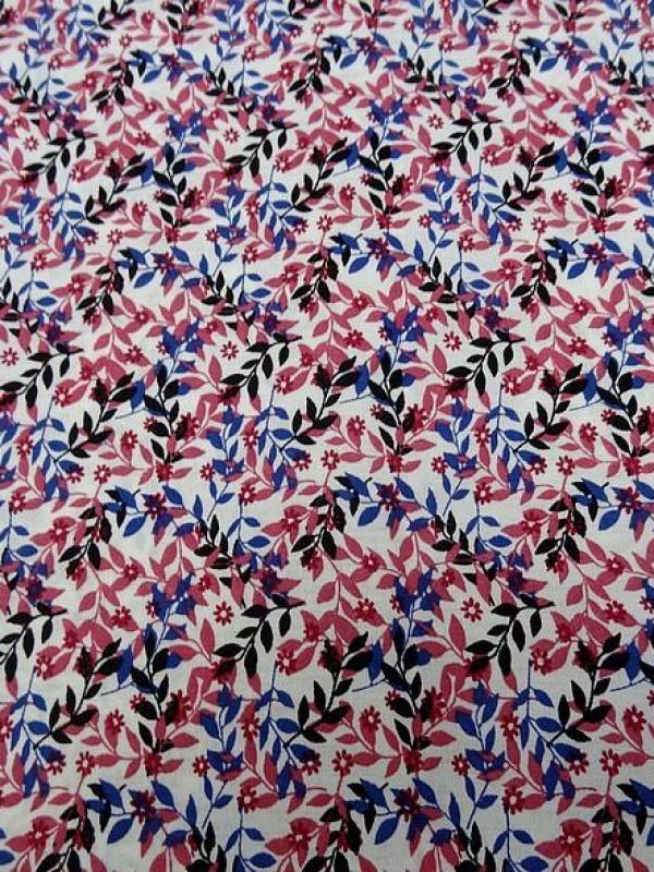 Popeline coton petit feuillage rose et bleu indigo 2 
