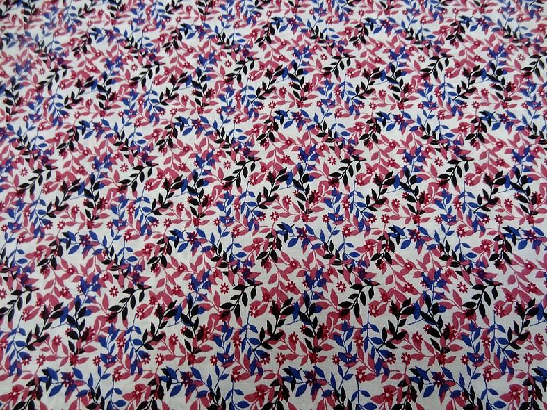 Popeline coton petit feuillage rose et bleu indigo 2