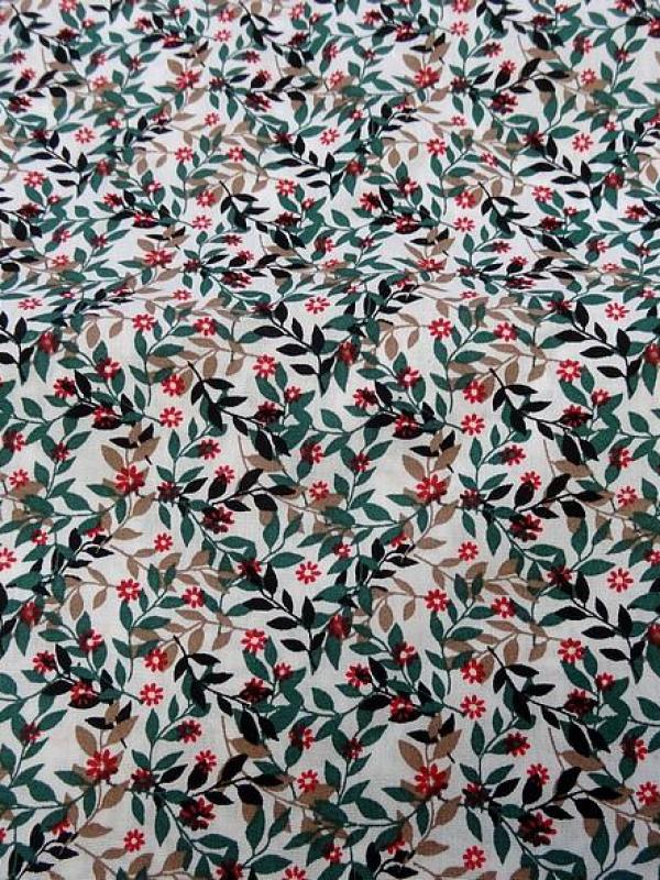Popeline coton petit feuillage vert sapin et taupe 5 