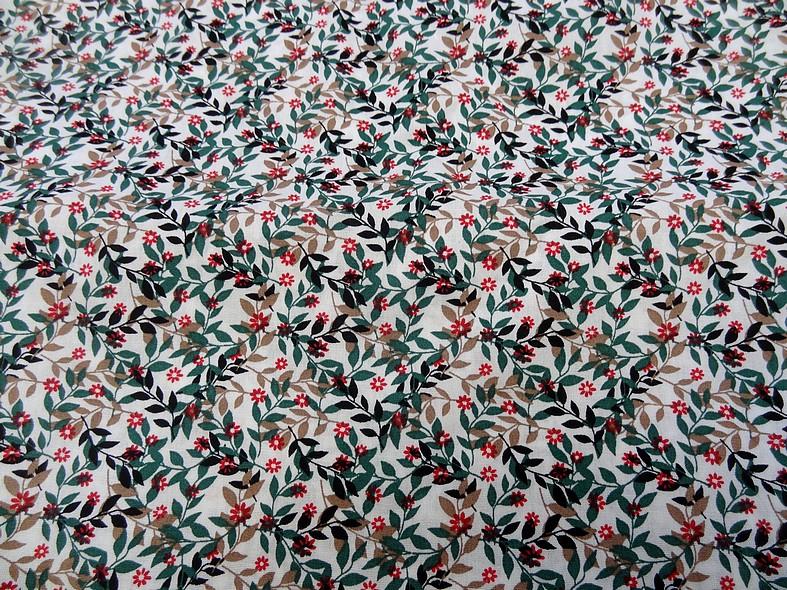 Popeline coton petit feuillage vert sapin et taupe 5