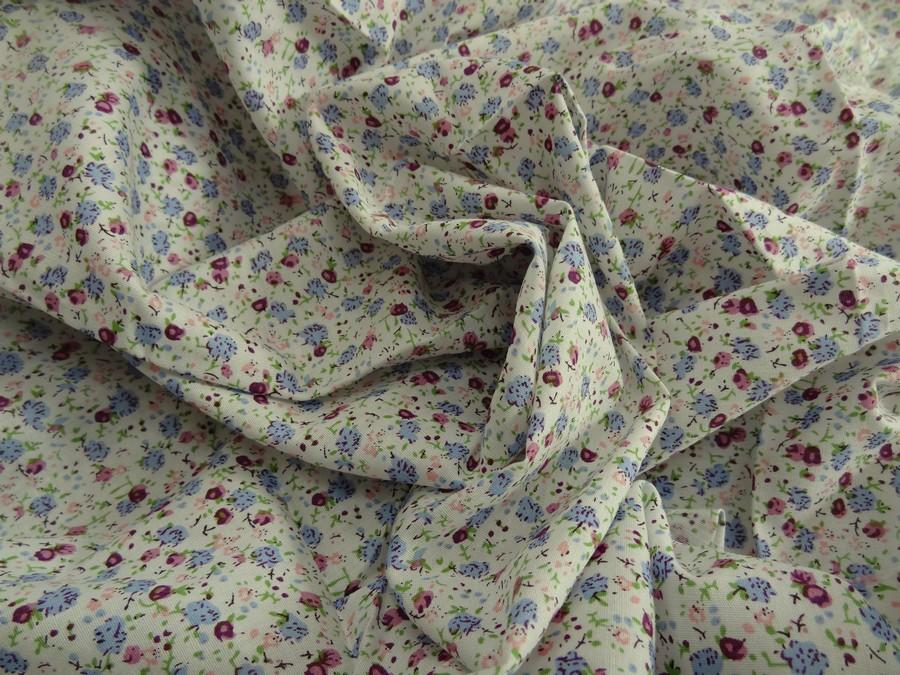 Popeline coton petites fleurs prune et gris bleu 1