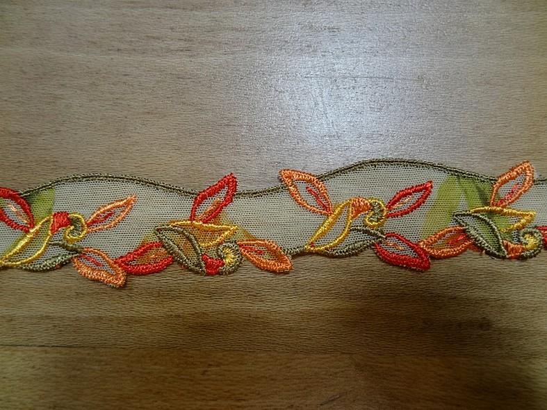 Resille brodee orange et kaki feuillage 3