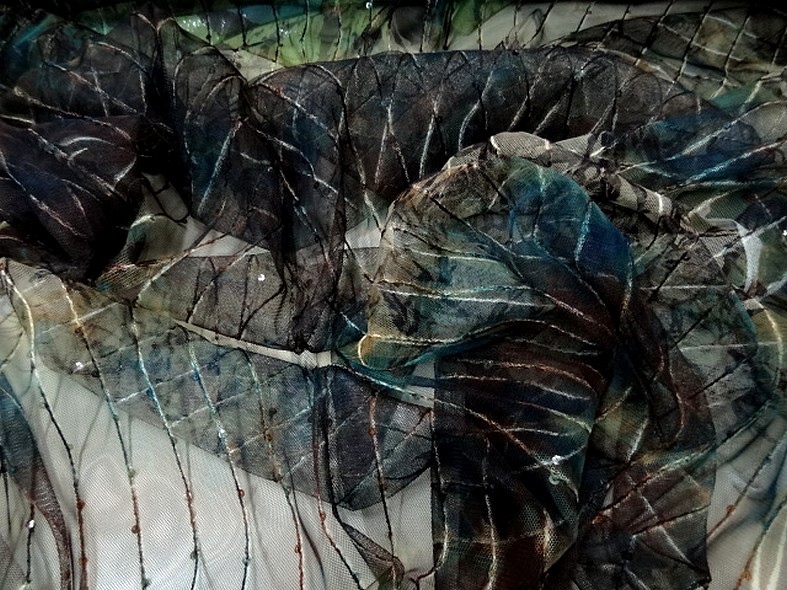 Resille marron bleu vert fleurie a sequins