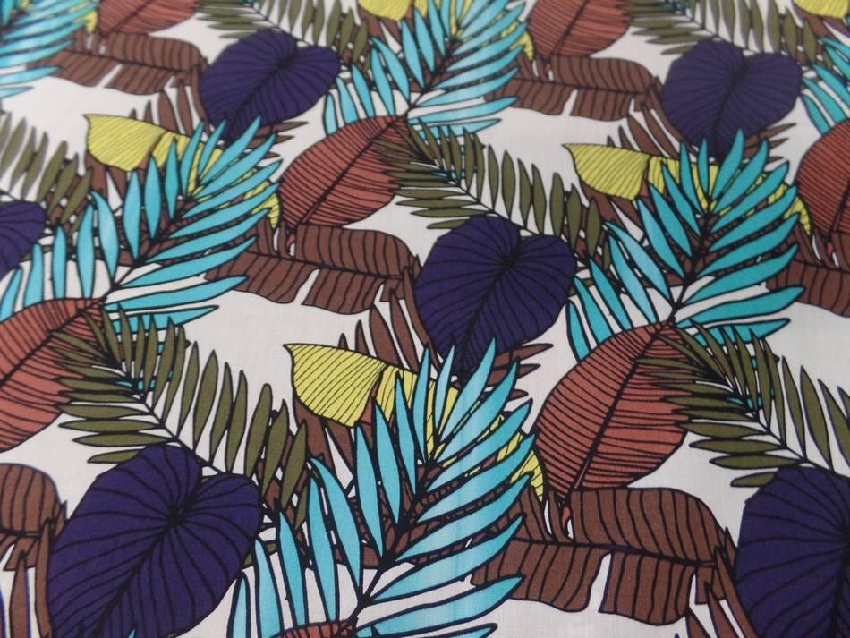 coton popeline blanche imprimé feuillage multicolore