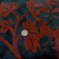 Satin ameublement bleu de prusse feuilles rouge cardinal 3 