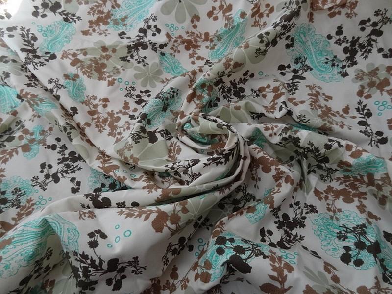 Satin coton blanc motif fleurs et cachemire turquoise et jade 1