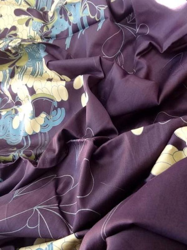 Satin coton lycra aubergine motifs japonais 1 