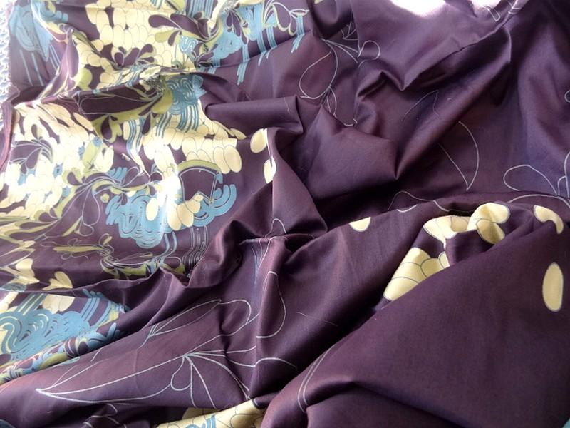 Satin coton lycra aubergine motifs japonais 1