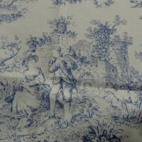 Satin de coton blanc casse motif toile de jouy bleu marine 1 