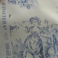 Satin de coton blanc casse motif toile de jouy bleu marine 6 