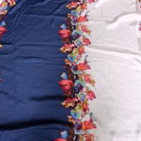 Satin viscose fleurs aquarelle marine et chair clair 1