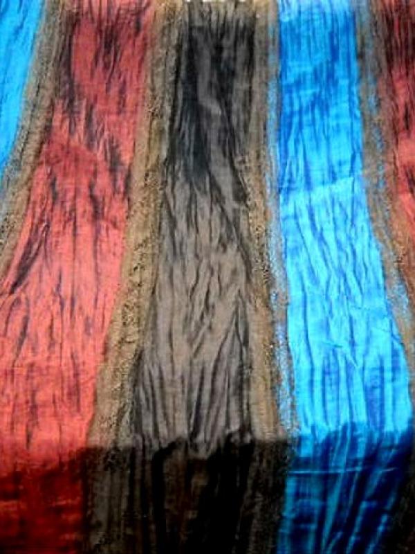 Taffetas plisse rayures rouille bleu electrique caramel et dentelle brune 1 
