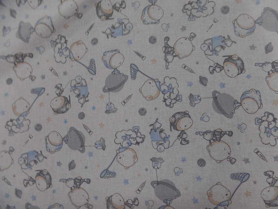 Tissu coton blanc imprime motifs enfant bleu gris