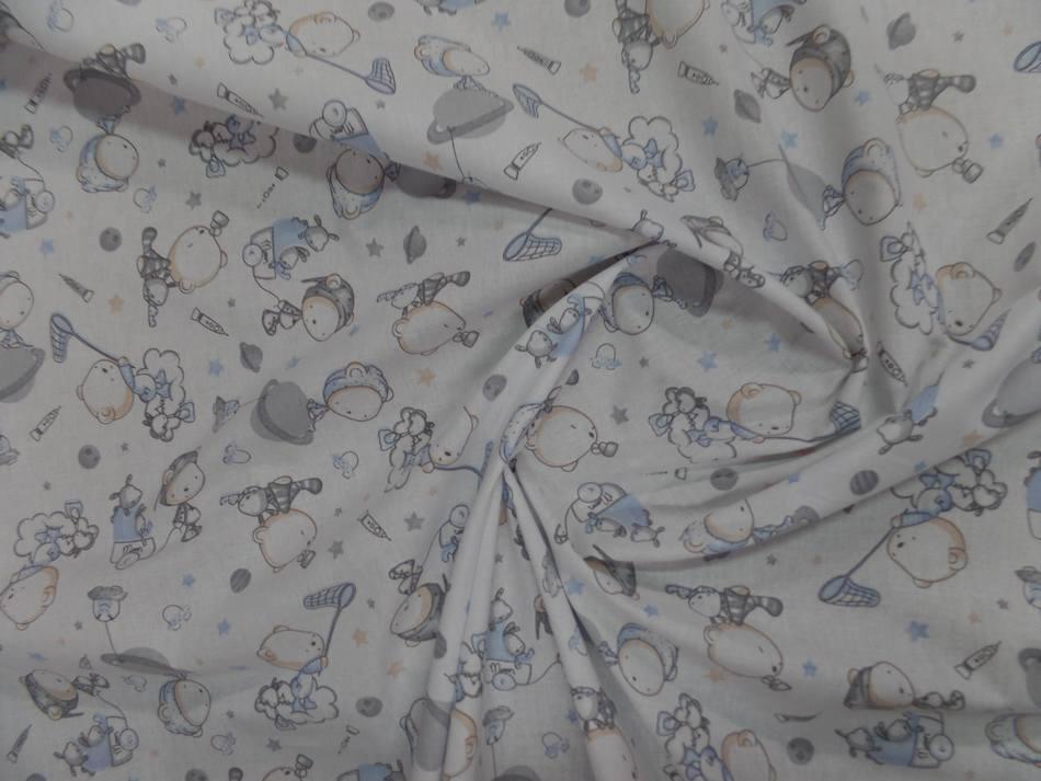 Tissu coton blanc imprime motifs enfant bleu gris009