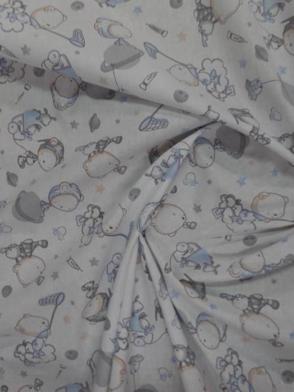 Tissu coton blanc imprime motifs enfant bleu gris009