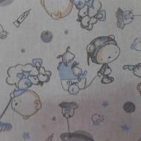 Tissu coton blanc imprime motifs enfant bleu gris