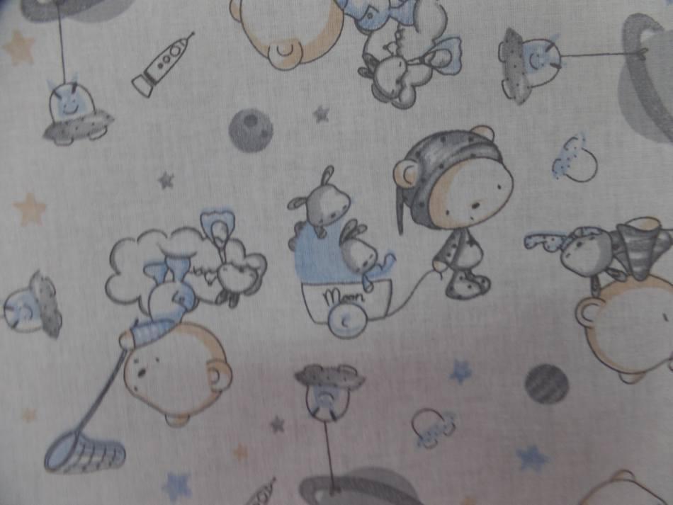 Tissu coton blanc imprime motifs enfant bleu gris