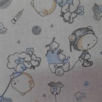 Tissu coton blanc imprime motifs enfant bleu gris
