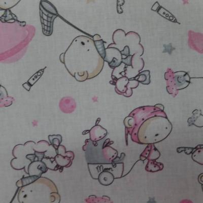 Tissu coton blanc imprime motifs enfant rose gris