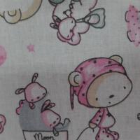 Tissu coton blanc imprime motifs enfant rose gris