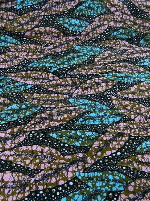 Tissu wax feuillage rose glycine et bleu turquoise